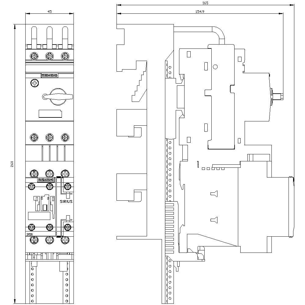 Technical drawing of an electrical switchgear with main view and side view, including dimensional specifications and switch position.
