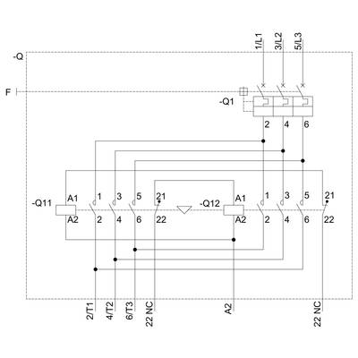 Wiring diagram of a contactor with connections 1L-5L and Q1-Q11. Showing switching units, conductors, and contact points.