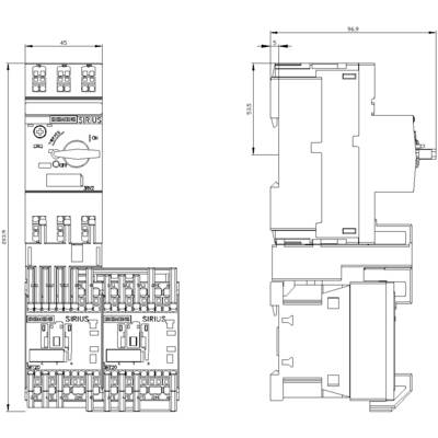 Technical drawing of an electrical switchgear from front and side, with detailed dimensional specifications in millimetres.