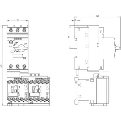 Technical drawing of an electrical switching device, showing front and side views with precise dimensions and components.