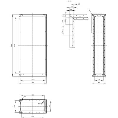 Technical drawing of a rectangular metal frame with precise dimensions and detailed views of mounting points and screws.