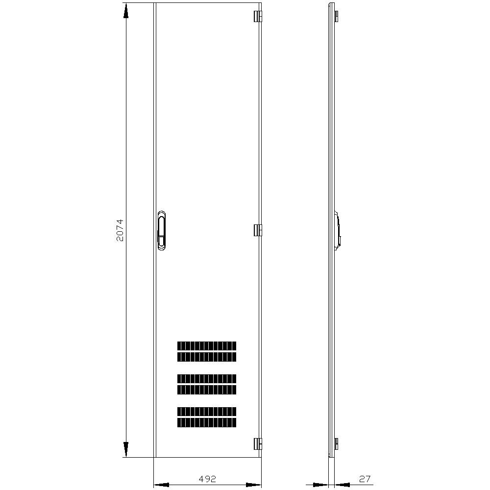 'Front and side view with dimensions: Height 2074 mm, Width 492 mm, Depth 27 mm. Ventilation slots and handle visible.'