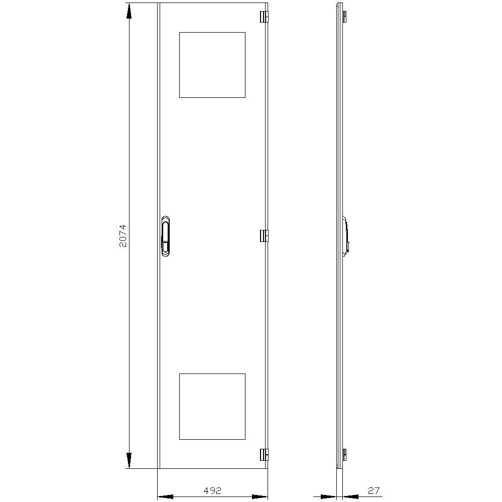 Technical drawing of a door with two rectangular windows and a door handle. Dimensions: 2074 mm high, 492 mm wide, 27 mm deep.