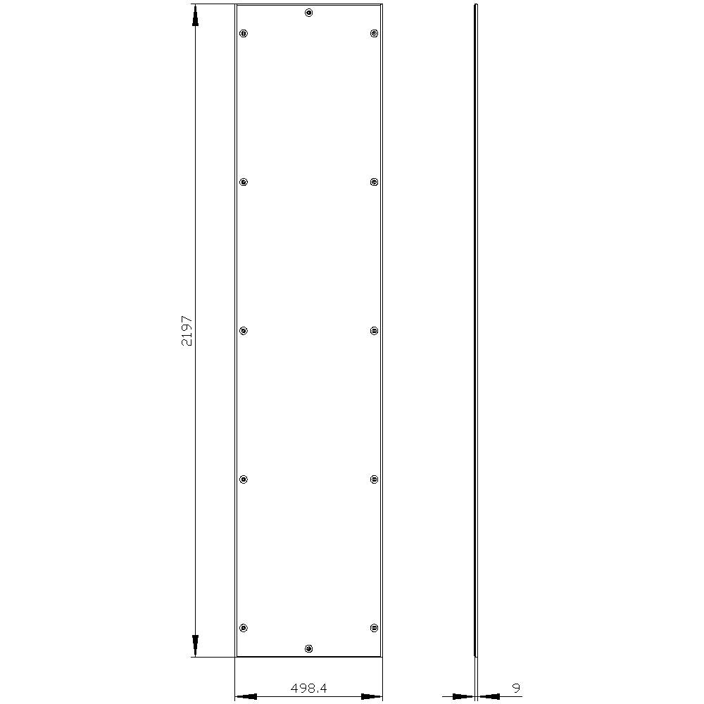 Drawing of a rectangular plate with dimensions: height 2197 mm, width 498.4 mm, depth 9 mm. Screws are evenly distributed.