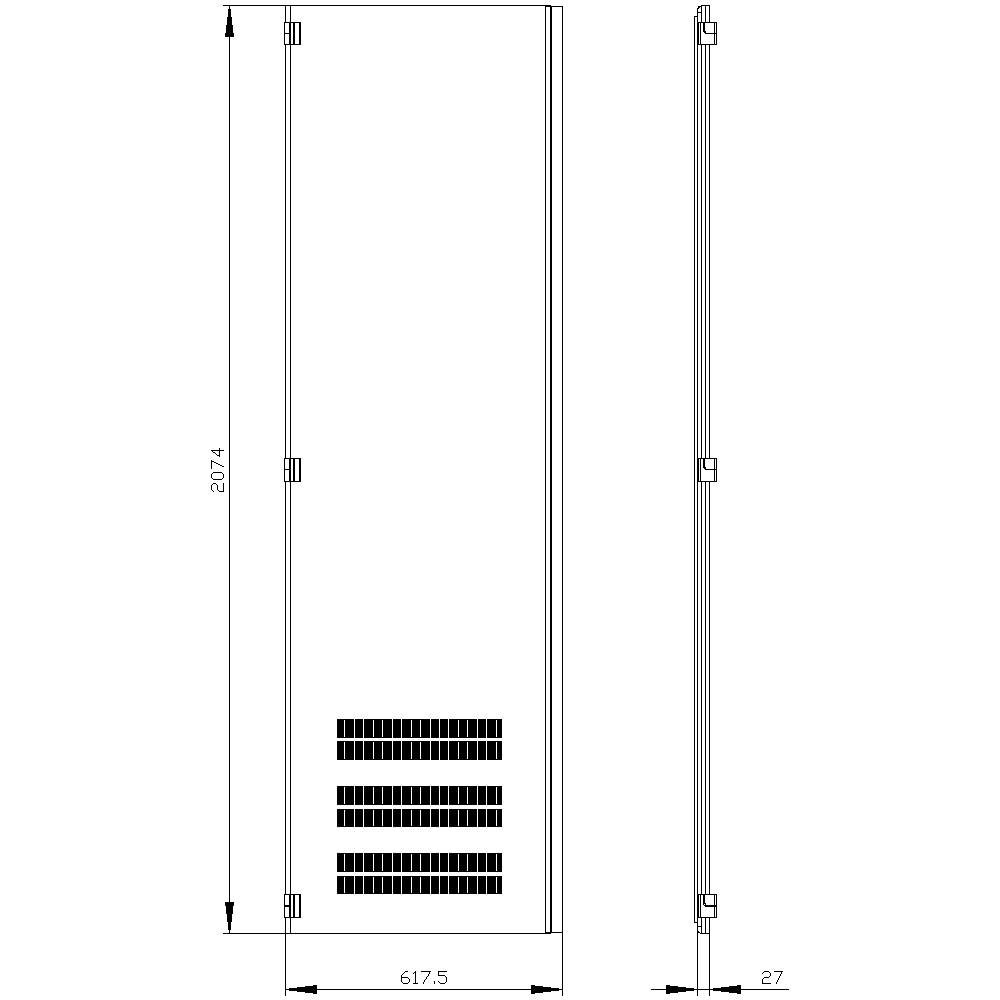 'Technical drawing of a rectangular electrical cabinet with ventilation slots at the lower end. Dimensions: Height 2074 mm, Width 617.5 mm, Depth 27 mm.'