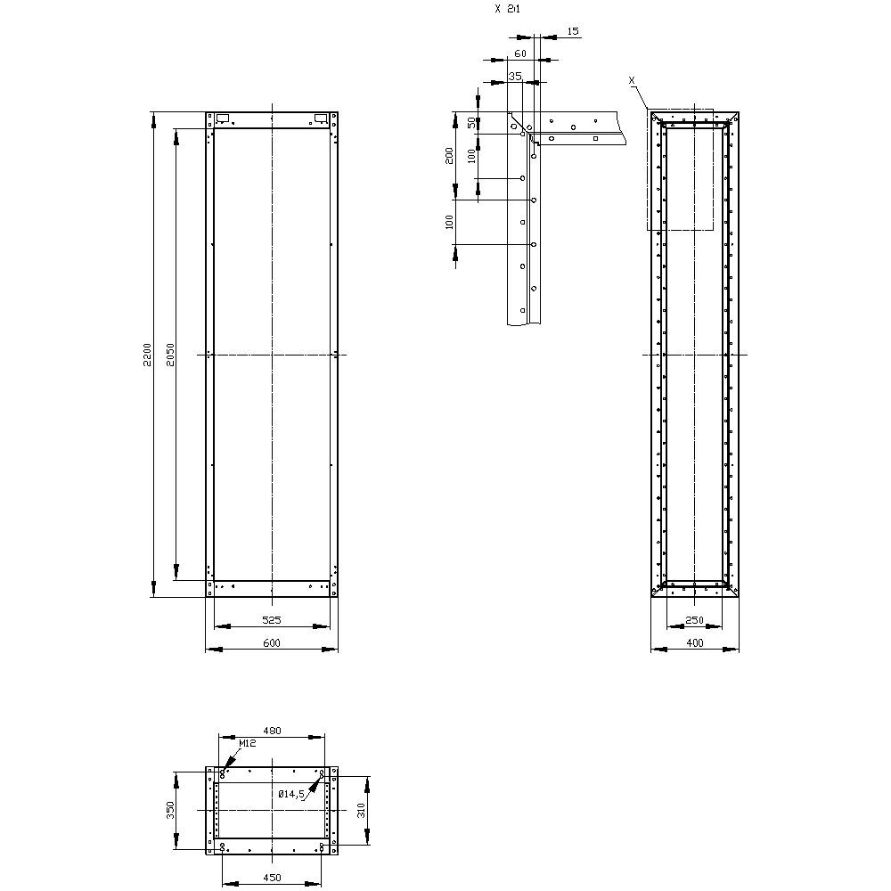 Technical drawing of a rectangular box enclosure with dimensions, top view, side view, and details of mounting elements.