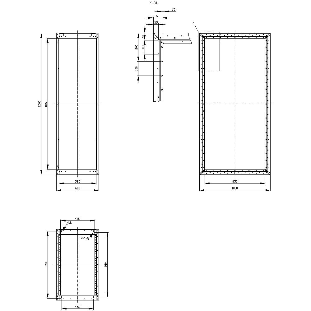 Technical drawing of a rectangular frame with detailed dimensions, views, and annotations for construction purposes.