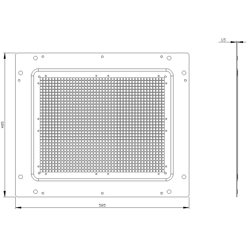 Technical drawing of a square ventilation grille with dimensions 595 x 495 mm and a grid thickness of 15 mm.