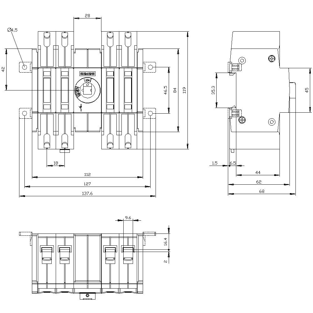 'Technical drawing of a circuit breaker with dimensions in millimetres. Top, front and side views displayed.'