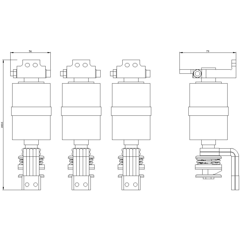 Technical drawing of a mechanical component, consisting of three parts with dimensions. Side views show detailed components.