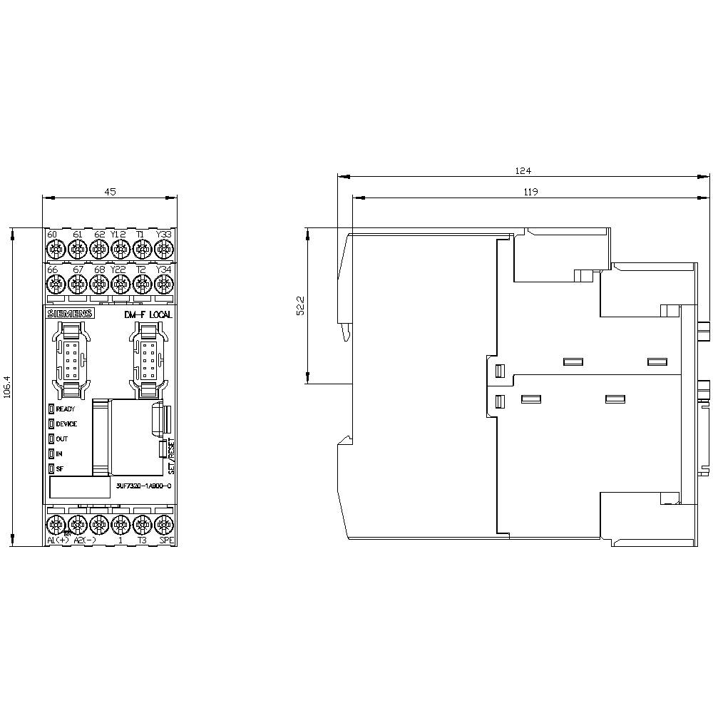 Technical drawing of an electrical device with dimensions: Height 122 mm, Width 124 mm. Left side circuit diagram with connections and LEDs.