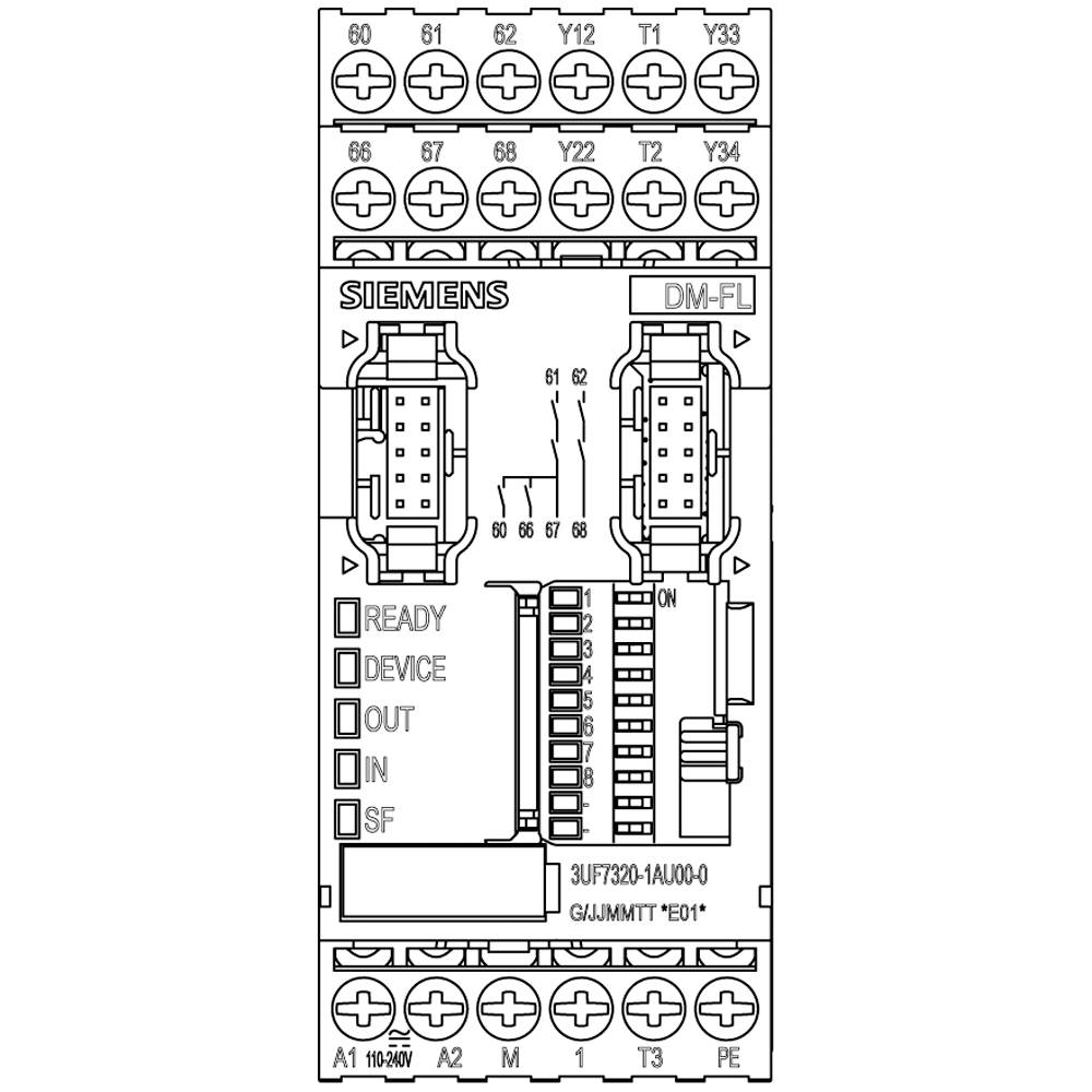 A Siemens DM-FI device with connection points and status indicators: 'Ready', 'Device', 'Out', 'In', 'SF'. Model number: 3UF7320-1AU00-0.