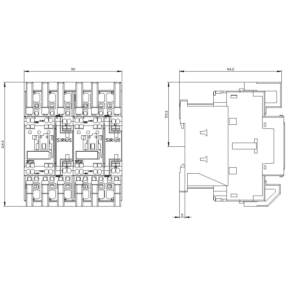 Technical drawing of an electrical switching device with detailed dimensions. Front and side view illustrated.