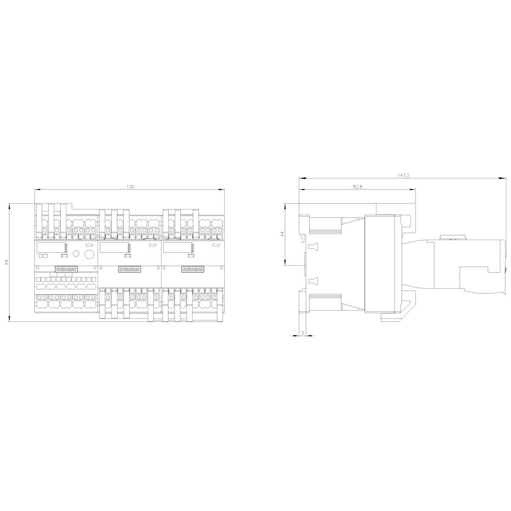 Technical drawing of an electronic module with front and side views. Dimensions are specified in millimetres.