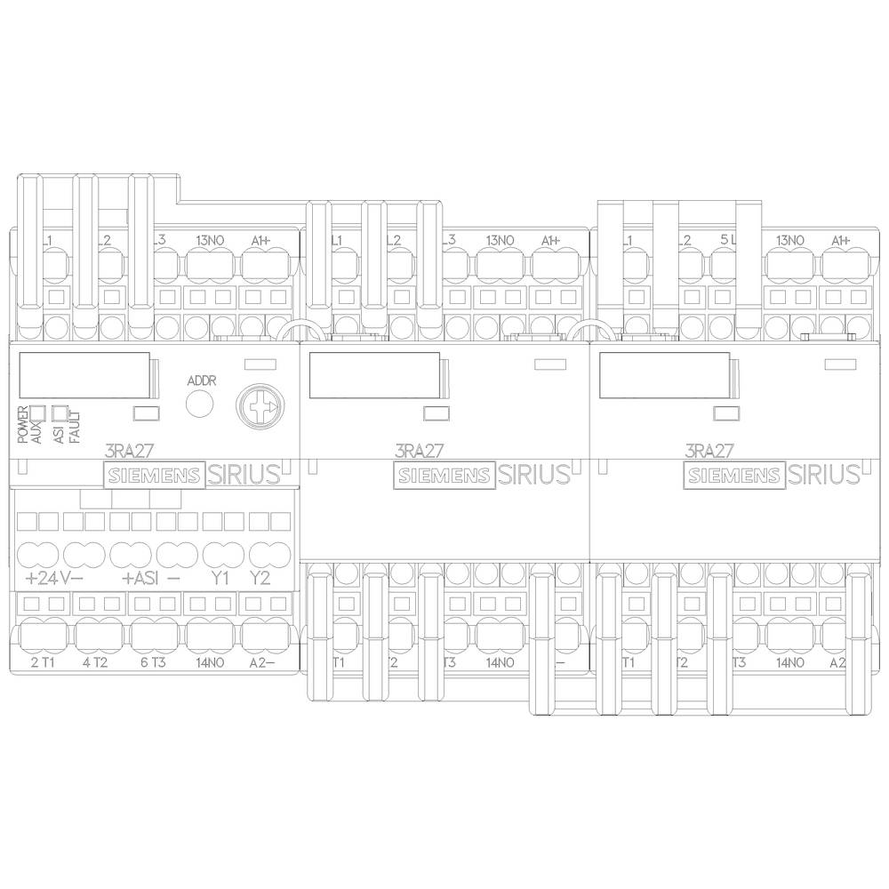 Drawing of an electrical circuit module with multiple connections and labels. Main component is marked with '3RA27'.