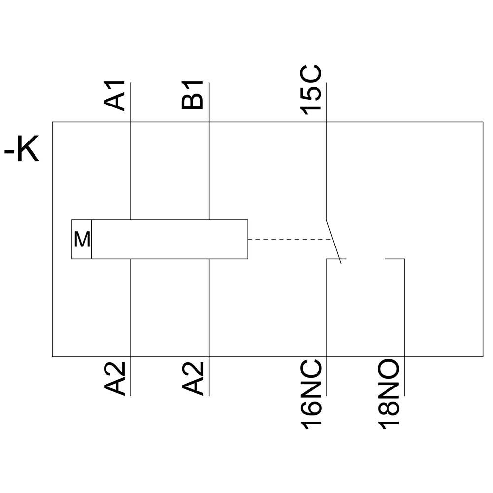 Circuit diagram of a relay with terminals A1, A2, B1, 15C, 16NC, 18NO. The relay is marked with '-K' and the coil with 'M'.