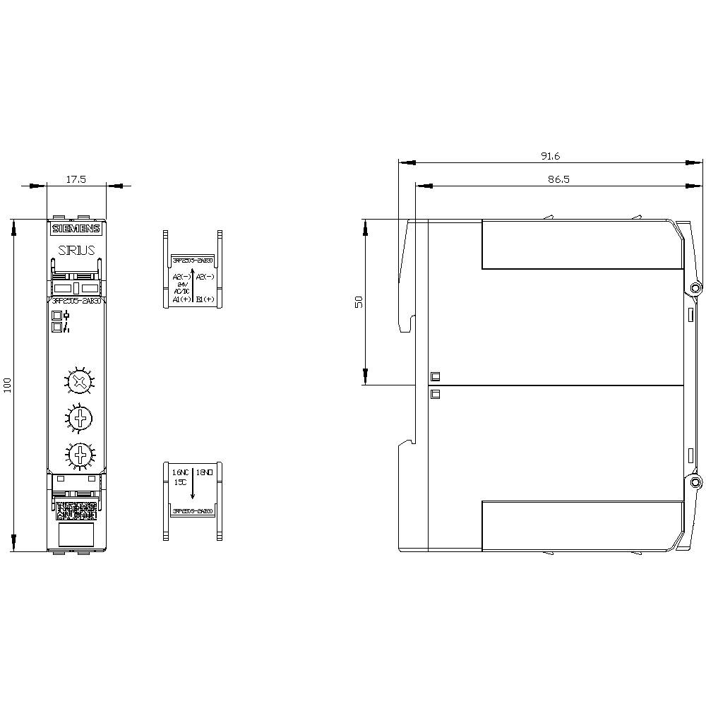 Technical drawing of an electrical switching device with dimensions: width 175 mm, height 90 mm, depth 91.6 mm.