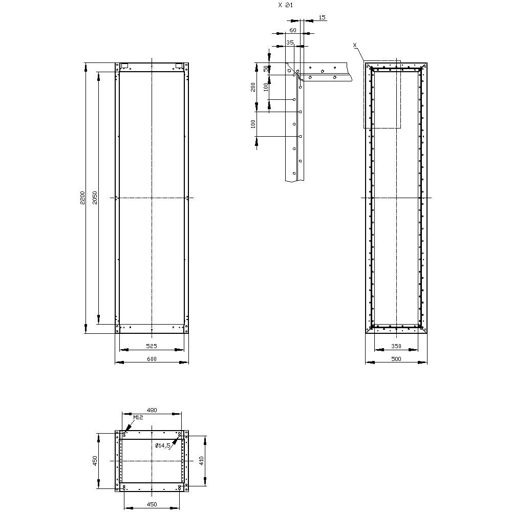 Technical drawing of a rectangular frame with detailed dimensions and mounting screws, side and front view.