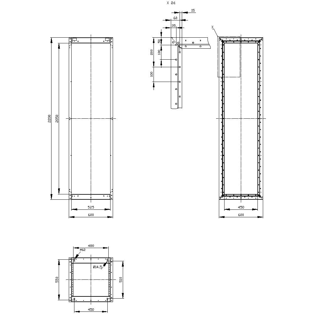 Technical drawing of a rectangular frame with dimensions. The measurements are clearly indicated for the width, height, and depth of the frame.