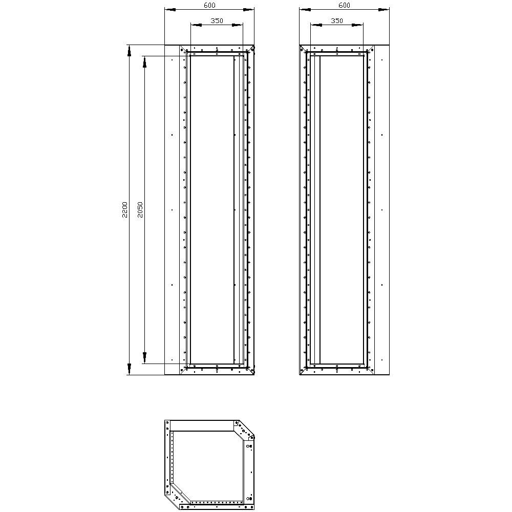 Technical drawing of two rectangular frames in side view with dimensional specifications: Height 2500 mm, width 600 and 350 mm.