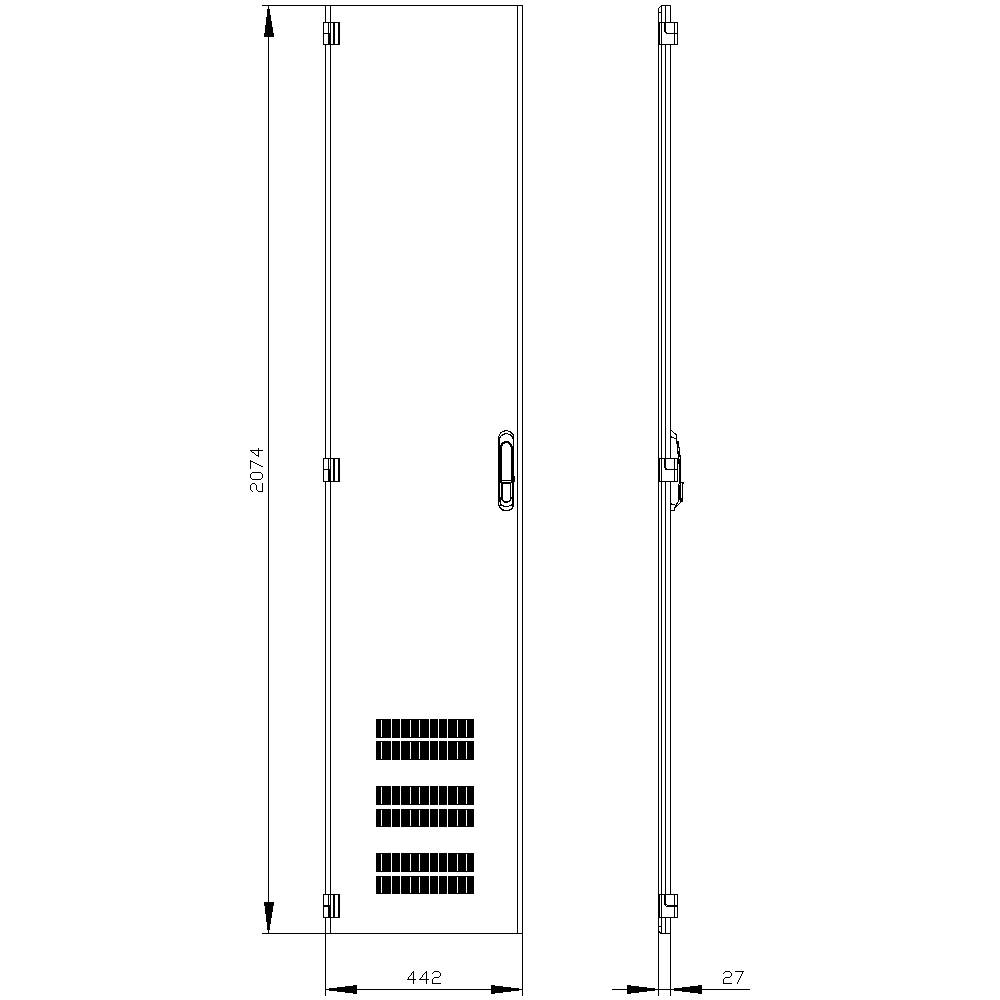 Vertical technical diagram of a cabinet with indicated dimensions: Height 2074 mm, Width 442 mm, Depth 27 mm. Doors have ventilation slots.
