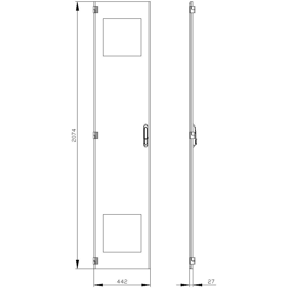 Technical drawing of a door with dimensions: Height 2074 mm, Width 442 mm, Depth 27 mm. Hinges and door handle are marked.