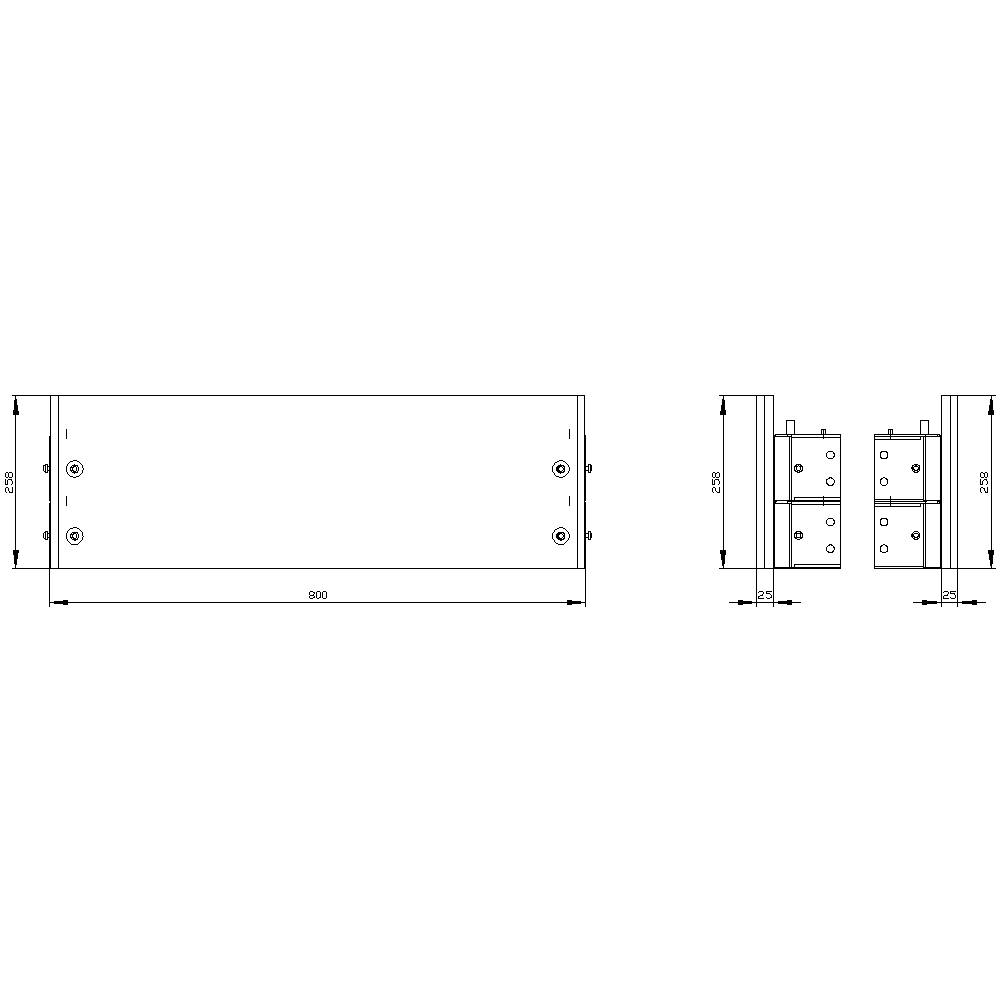 Technical drawing shows a rectangular metal plate with drill holes. Dimensions: 800 mm x 200 mm x 30 mm. Side and front elevation.