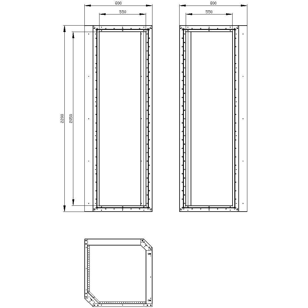 Blueprint with two rectangular frames, 800 mm wide and 2200 mm high. A perspective view shows details of the construction.