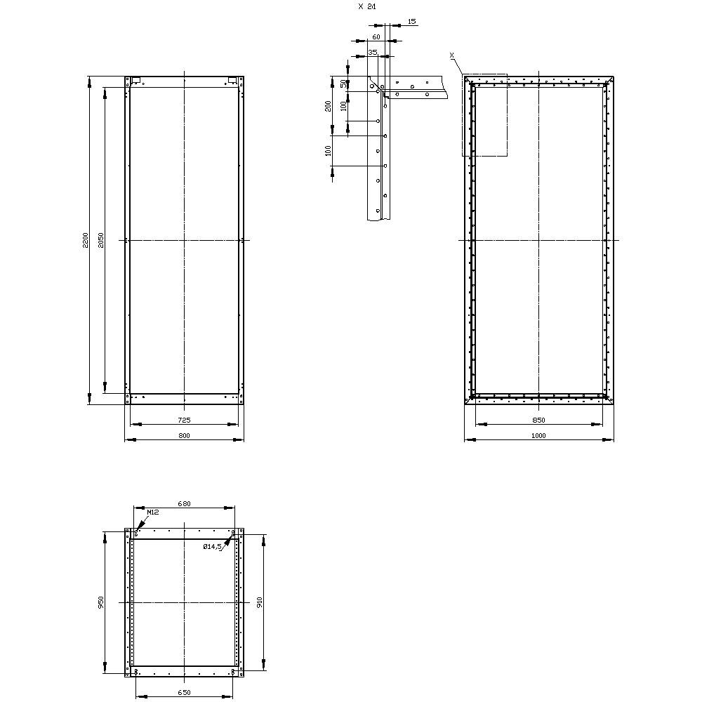 Technical drawing of a rectangular wall structure with detailed dimensions in millimetres and multiple views.