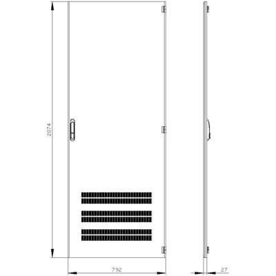 'Door dimensional drawings with measurements: Height 2074 mm, Width 792 mm, Depth 27 mm. Door handles and ventilation slots visible.'