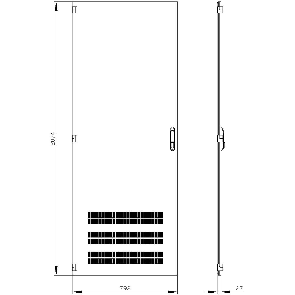 The drawing shows a rectangular door with ventilation slots at the bottom. The dimensions are 2074 mm in height, 792 mm in width, and 27 mm in depth.