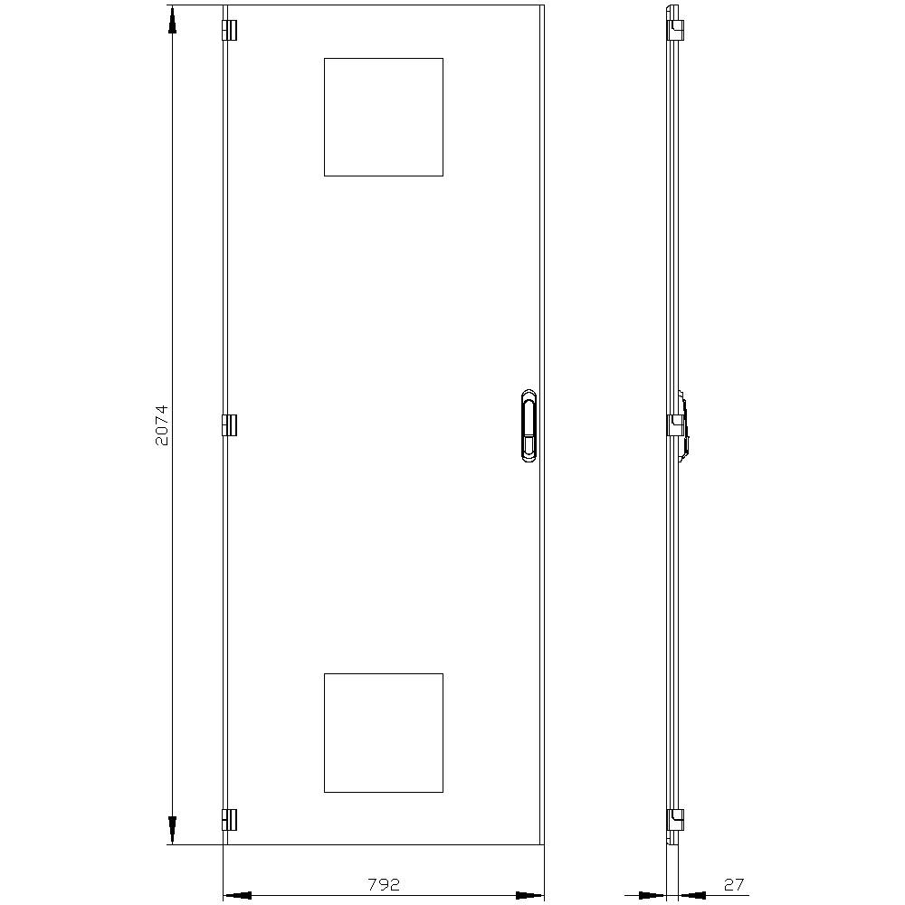 'Door design with dimensions: Height 2074 mm, Width 792 mm, Thickness 27 mm. Door has rectangular window and handle on the right.'