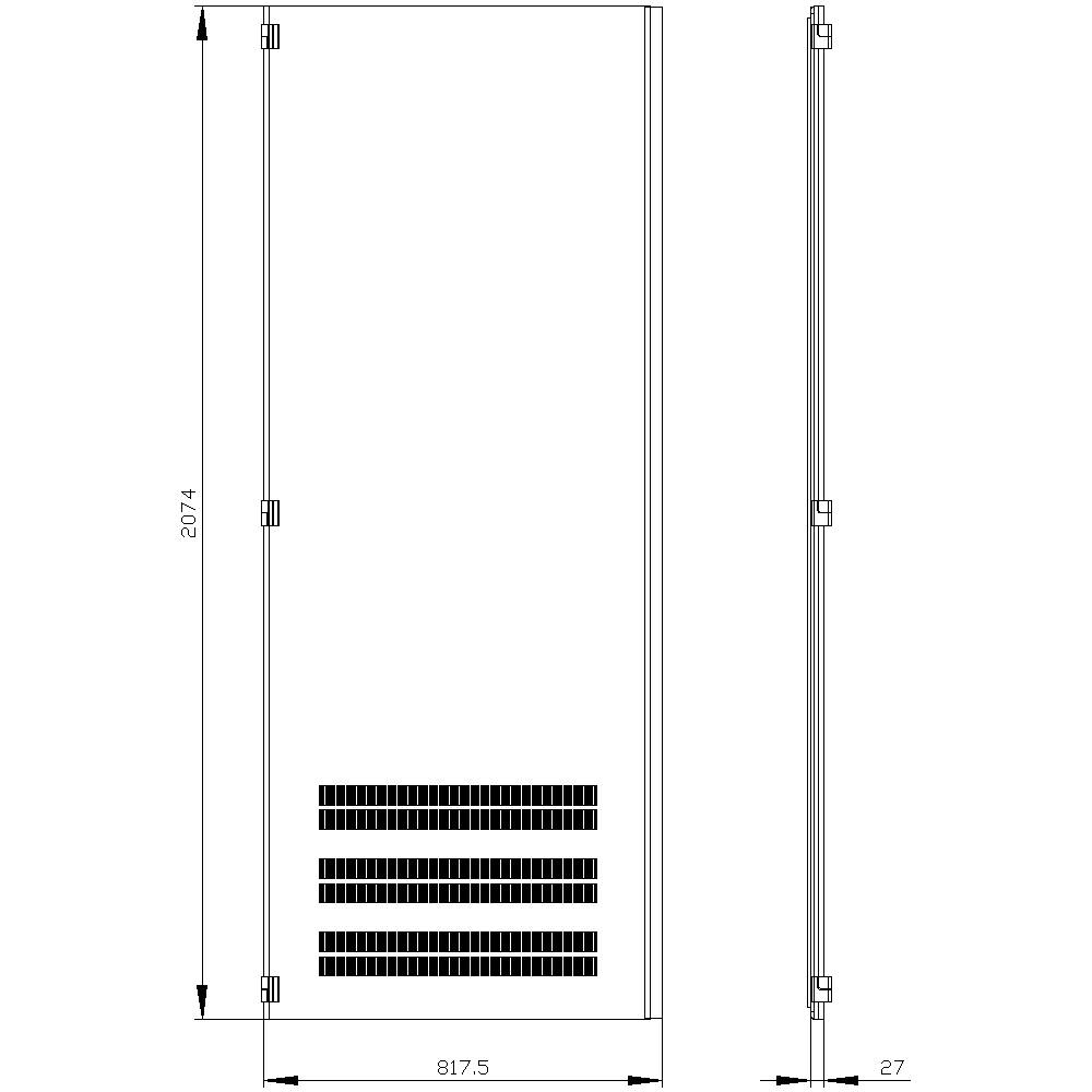 'Dimension drawing of a rectangular cabinet: Height 2074 mm, Width 817.5 mm, Depth 27 mm. Vertical ventilation slots at the bottom.'