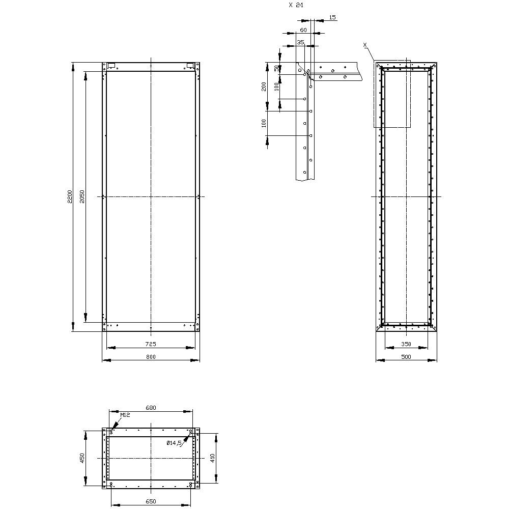Technical drawing of a rectangular metal frame with detailed dimensions and side views, showing specifications and construction details.