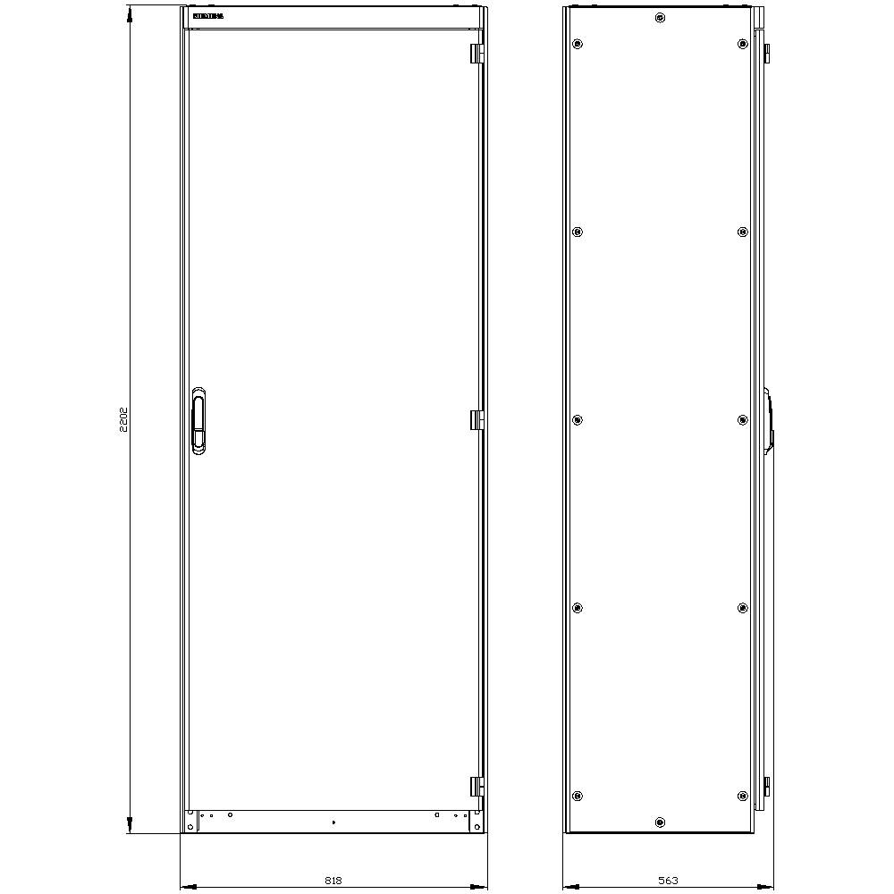 'Technical drawing of a metal enclosure with height 2000mm, width 600mm and depth 563mm. Front and side view with dimensions and screw markings.'