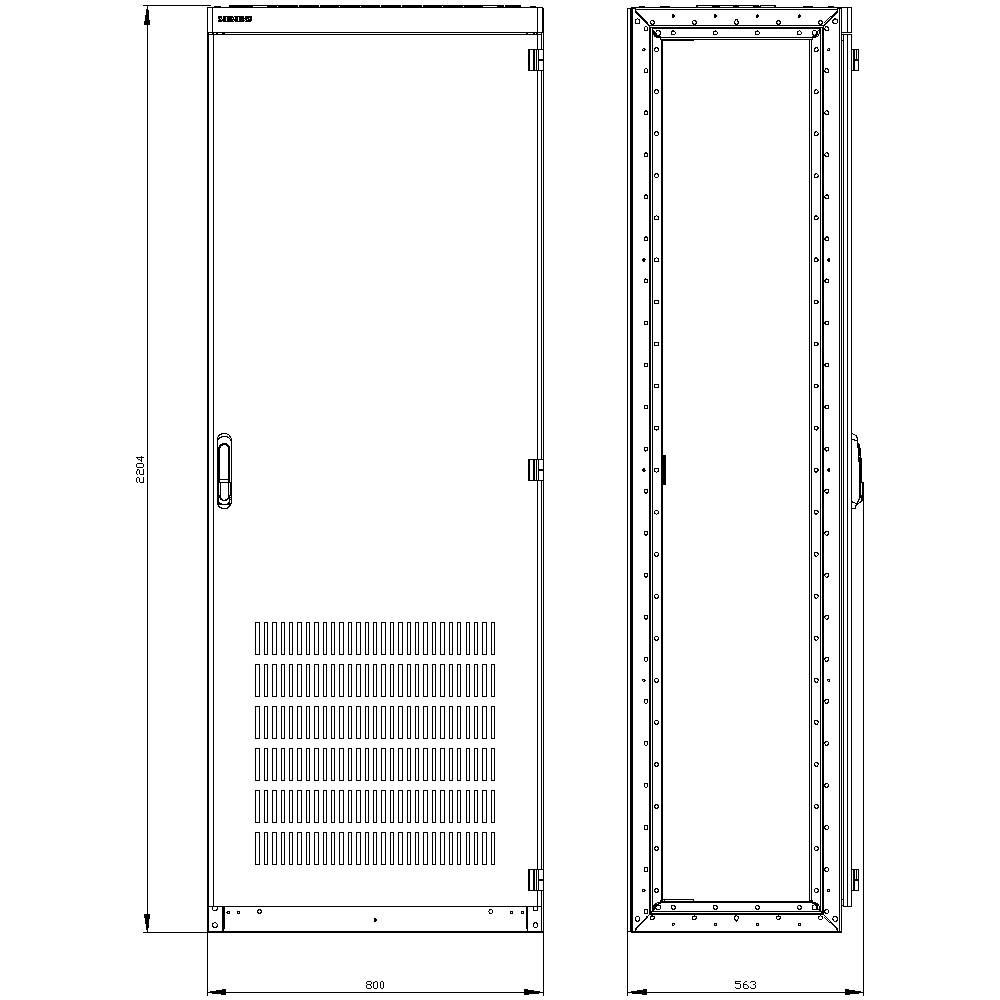 'Technical drawing of a control cabinet from the front and side. Dimensions: Height 2,004mm, Width 800mm, Depth 745.3mm.'