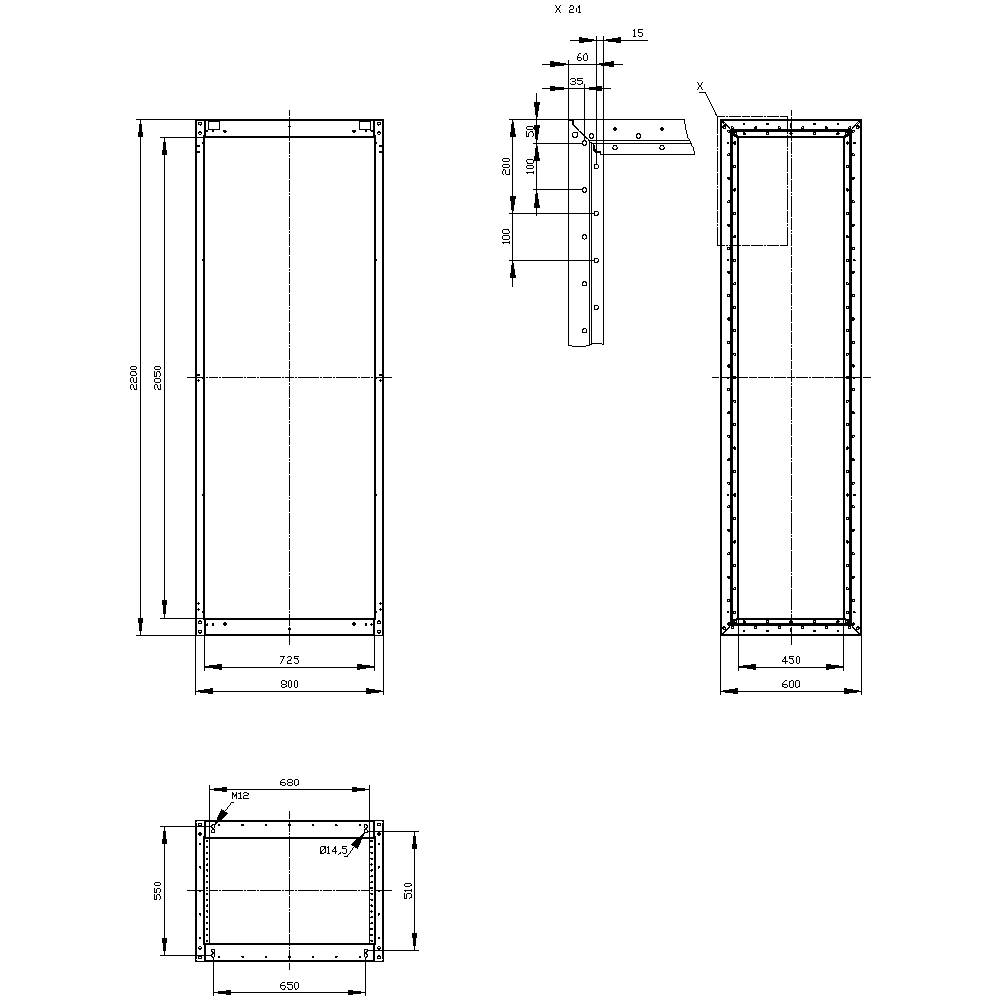 Technical drawing of a rectangular frame with detailed dimensions and assembly instructions. Side view, front view, and top view are illustrated.