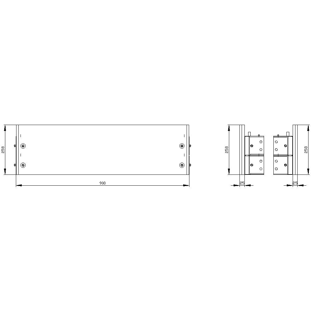 Technical Drawing of a Metal Bracket with Dimensions: 950 mm Length, 250 mm Height and 230 mm Width. Screw Fixings Visible.