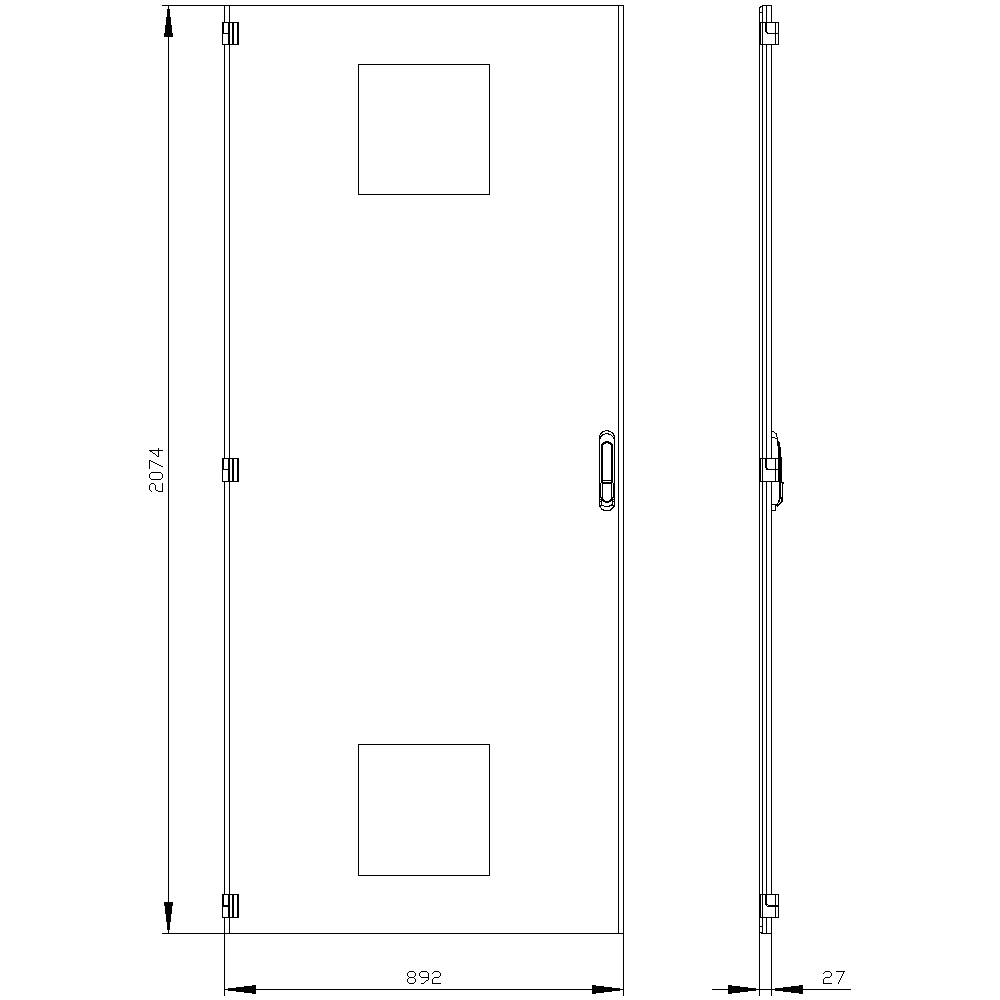 'Door drawing with dimensions: Height 2074 mm, Width 892 mm, Depth 27 mm. The door has two rectangular windows.'