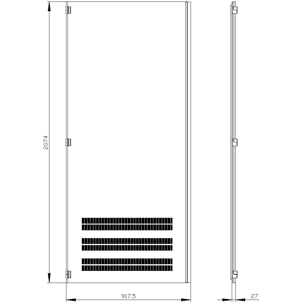 A technical diagram shows the front and side view of a door with ventilation slots. Height: 2074 mm, Width: 917.5 mm, Depth: 27 mm.