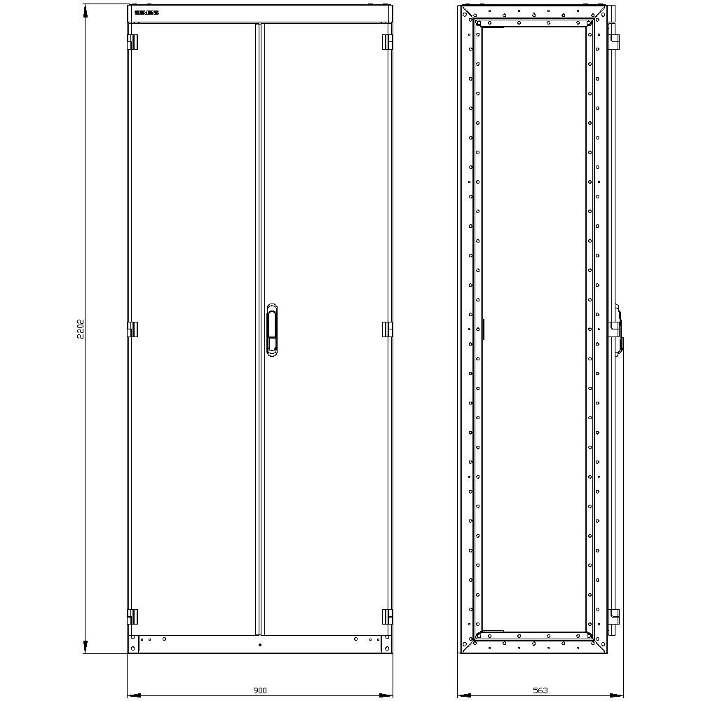 Two technical drawings of a rectangular cupboard with dimensions: width 900 mm, height 2358 mm. Details such as door handle and hinges are visible.