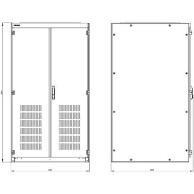 Blueprint of a rectangular metal box with two views: front view showing ventilation slots and handle, side view with hinges. Dimensions are marked.