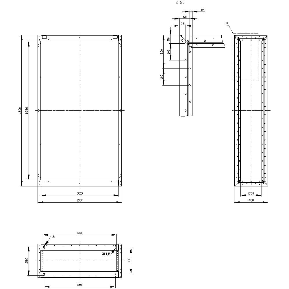 Technical drawing of a rectangular metal frame with detailed dimensions in millimetres. Top view and side view.