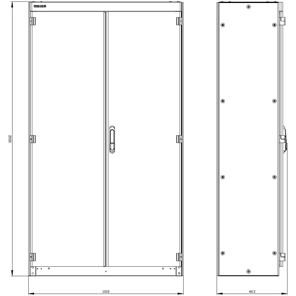 Technical drawing of a rectangular cabinet, front view and side view, with dimensions in millimetres: 1802 height, 1008 width, 463 depth.