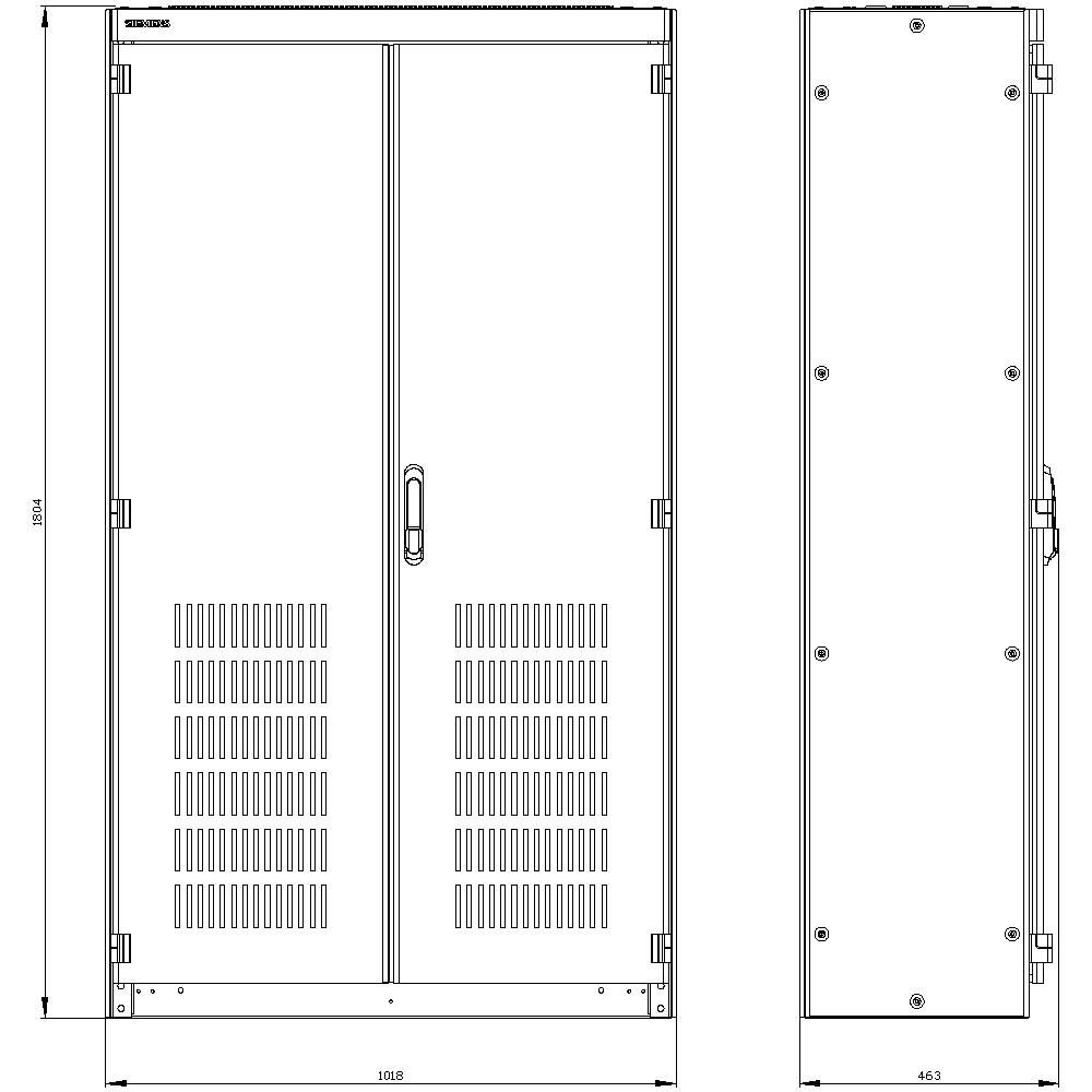 'Drawing of a rectangular, two-winged cabinet with ventilation slots, shown from the front and side. Dimensions are indicated.'