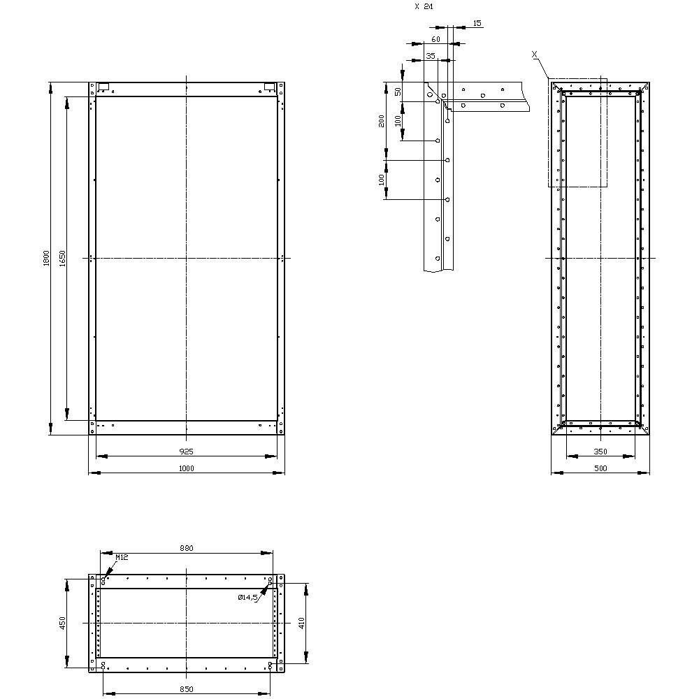 Technical drawing of a rectangular frame with detailed dimensions and views from different angles.