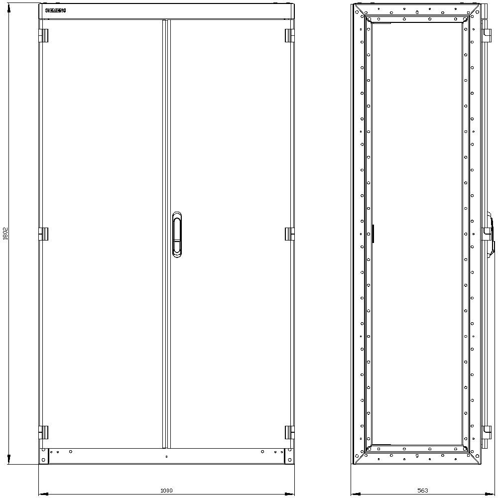 Front view of a two-winged wardrobe with dimensions: Height 1982 mm, Width 1000 mm. Right side view with additional width of 963 mm.