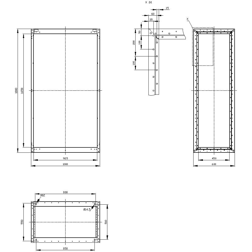 Technical drawing with three views of a rectangular housing. Dimensions and details of mounting plates and drill holes are specified.
