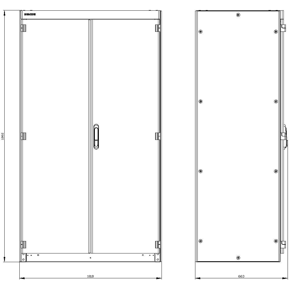Front and side view of a rectangular cabinet with double doors, dimensions: height 1661 mm, width 1058 mm, depth 663 mm.