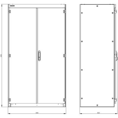 Front and side view of a rectangular cabinet with double doors, dimensions: height 1661 mm, width 1058 mm, depth 663 mm.